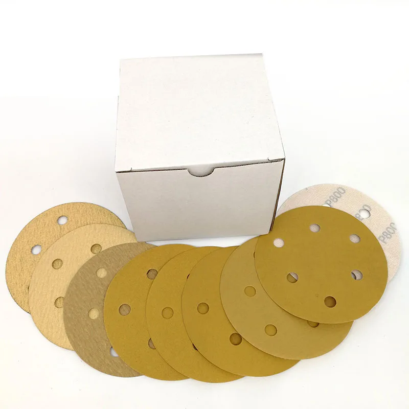 

100Pcs 5 Inch 6 Holes Hook and Loop Gold Sandpaper Sanding Disc Aluminium Oxide 60 to 1000 Grits for Metal & Automotive Sanding
