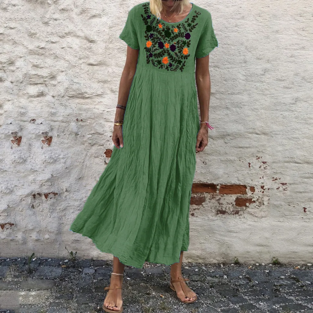 Винтажное платье Бохо женское летнее длинное платье вышитое Хлопковое платье туника повседневное длинное платье хиппи бохо люди Макси платье vestidos - Цвет: Green