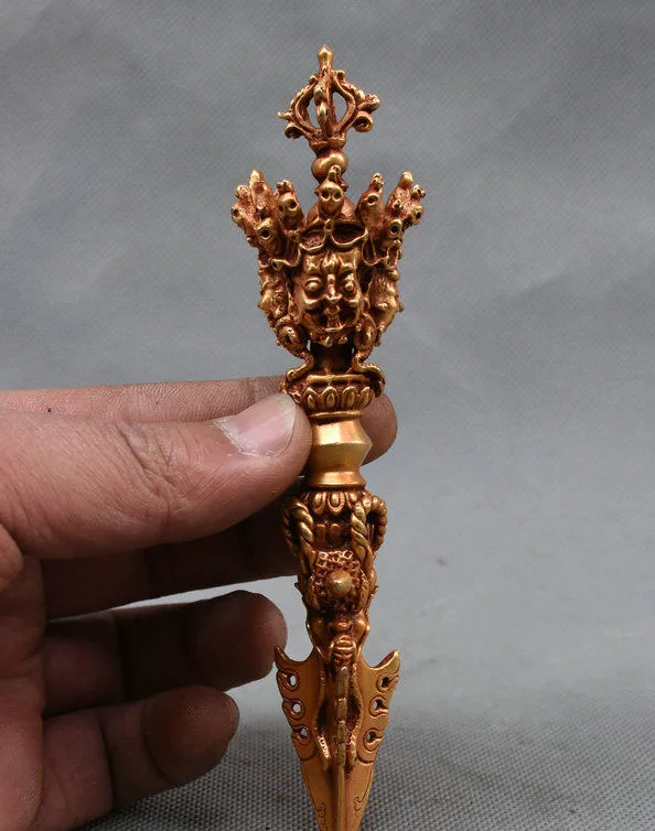 

Tibet Buddhism Bronze Gold Gilt Mahakala Dragon Head Dorje Phurba Dagger Holder