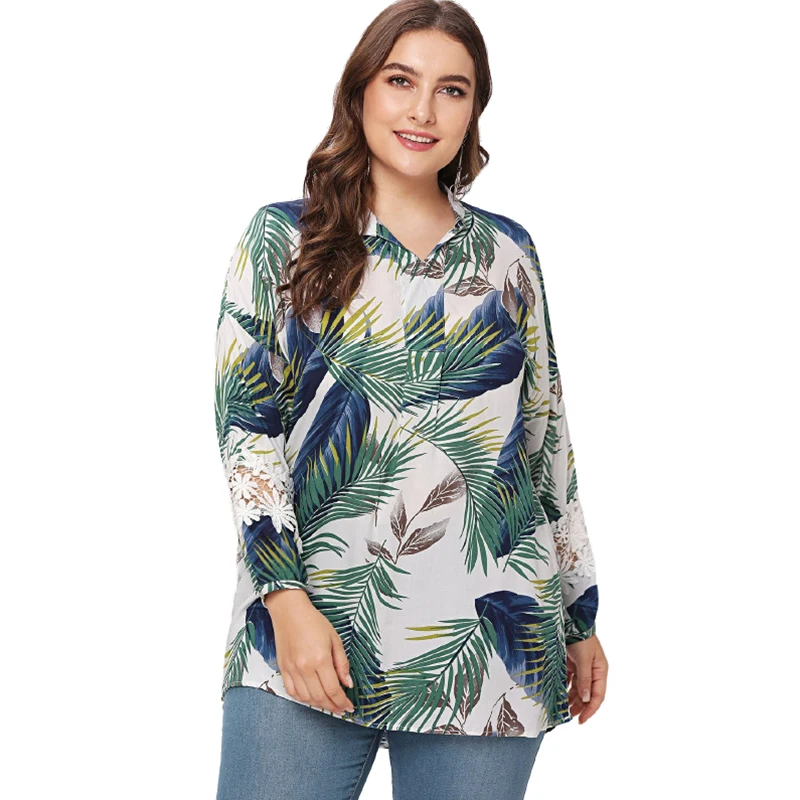 

Women Fashion Standing Collar Long Sleeve Tropical Leaf Floral Print Blouse Ladies Casual Plus Size Stitching Lace Sleeve Holl