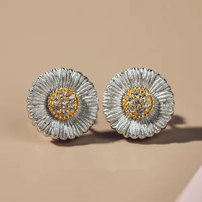 

CMAJOR Solid Sterling Silver Jewelry Two Tone Vintage Elegant Daisy Bellis Perennis Stud Earrings For Women