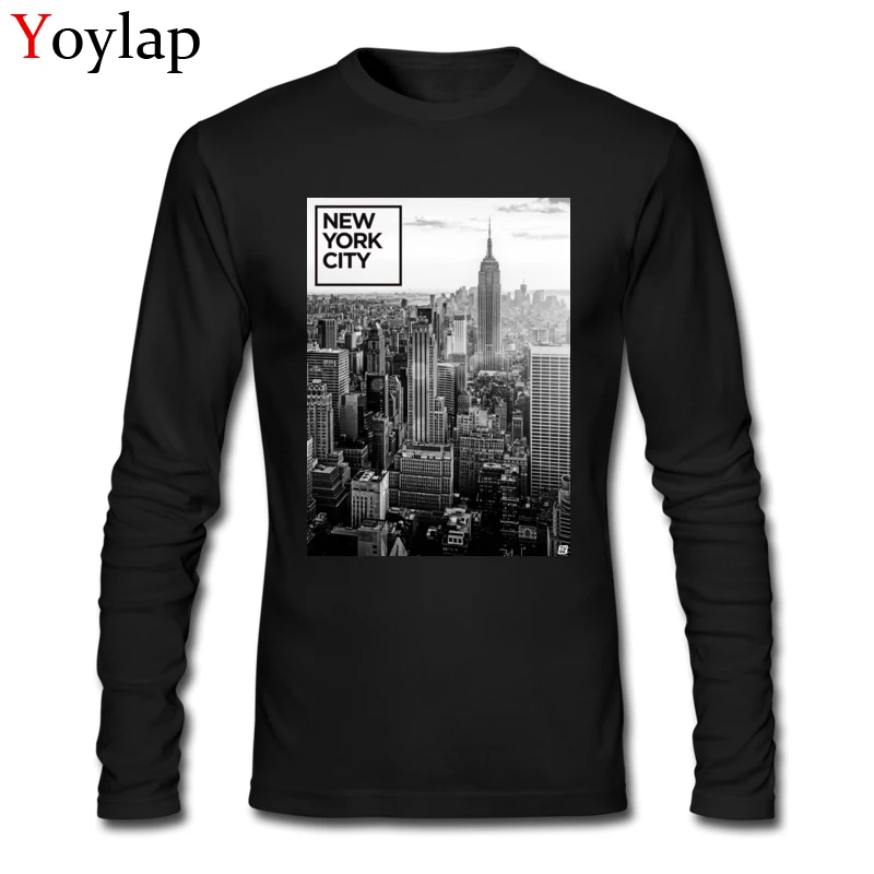 100% Cotton Tops T Shirt Printing for Boys Birthday T-shirts Leisure 2017 Crewneck Long Sleeve Tee-Shirts Top Quality New York City - Cityscape BW black