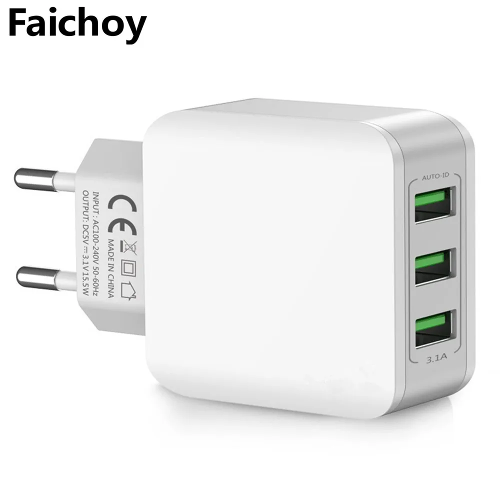 

3 Port Dual USB Charger Travel Wall Charger Fast Mobile Phone Chargers Adapter 5V/3.1A EU Plug Charger For iPhone Huawei Samsung