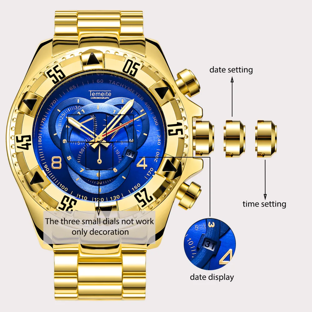Cena Męskie zegarki z dużą tarczą luksusowe złoto ze stali nierdzewnej 316L kwarcowe męskie zegarki na rękę wodoodporny kreatywny temeite marka man watch