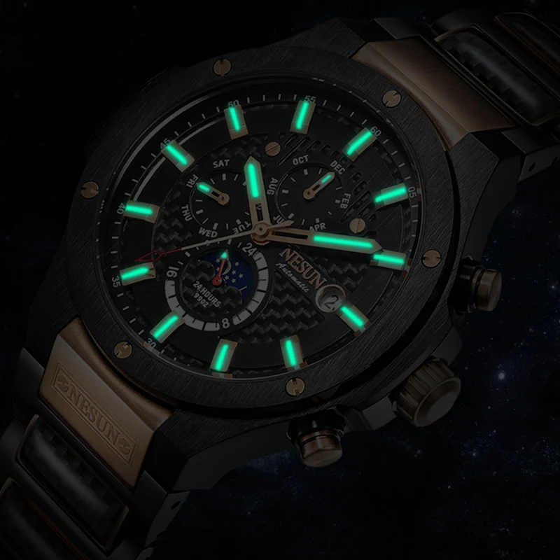 

NESUN Men's Luxury Brand Automatic Self-Wind Sports Watches Men Luminous Moon Phase Mechanical Wristwatch Male Relogio Masculino