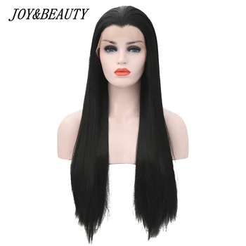 JOY&BEAUTY 22-28 Inch Long Silky Straight Black Synthetic Lace Front Wig Glueless Heat Resistant Fiber For Black White Women Wig 1