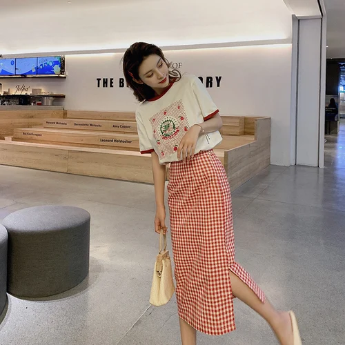 

Korean Print Patchwork High Waist Two Piece Set Zip Sexy Open Side Split 2 Piece Set Women Plaid Elegant Conjunto Feminino