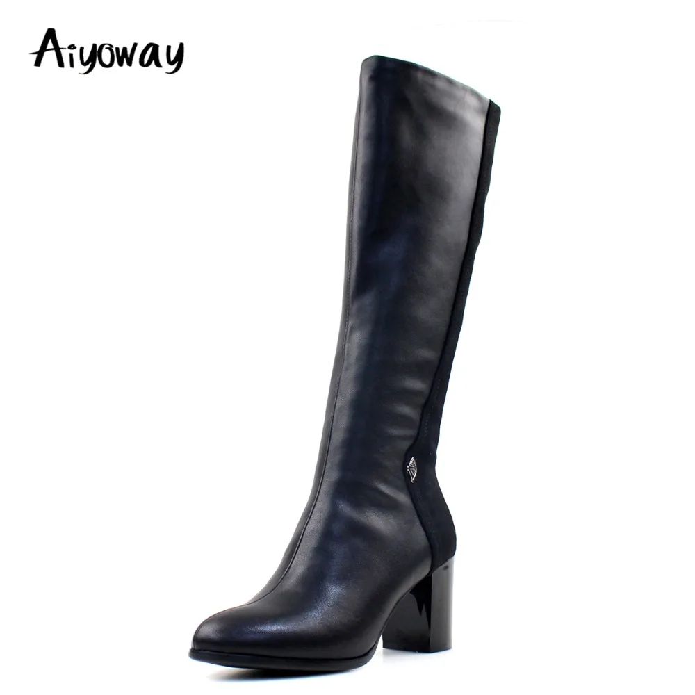 

Aiyoway Women Knee-High Ladies Zipper Round Toe Block Heel Knee Boots Patchwork Autumn Winter Casual Boots Black US Size 5-12
