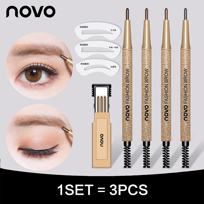 

New Brand NOVO 4 Colors Eyebrow Pencil Makeup Set With 3pcs pencil+3pcs Eye Brows Template Waterproof Long Lasting Make Up Kits