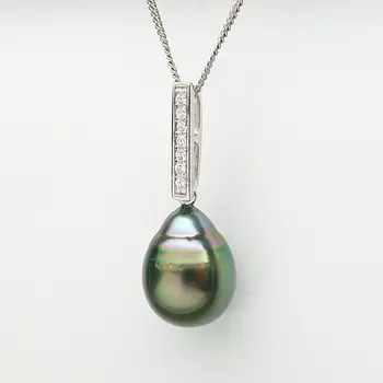 

Free Shipping Luminous 10.4*13mm Genuine Tahitian Green Pearl Pendant 925 Sterling Silver