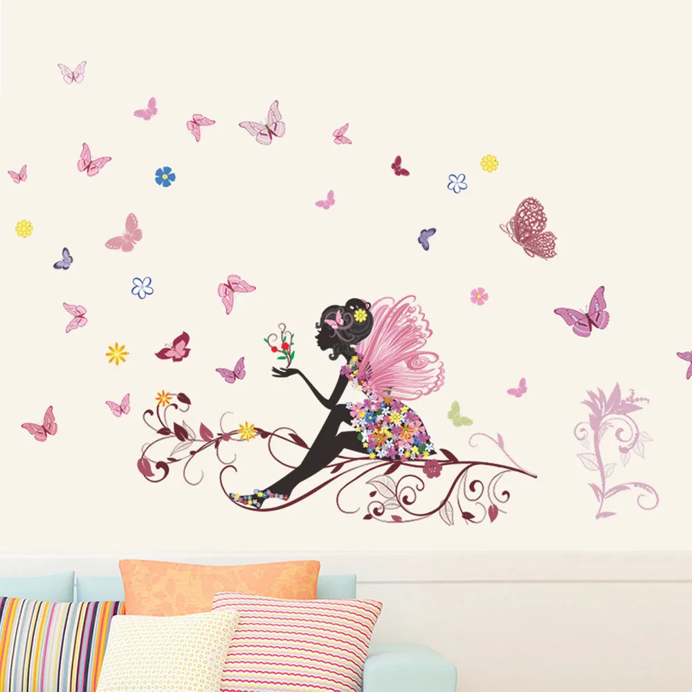 Цветок Фея розовый красочный ветка дерева бабочка дома Наклейка на стену девушка женщины спальня diy Детская комната Детские вечерние росписи 79