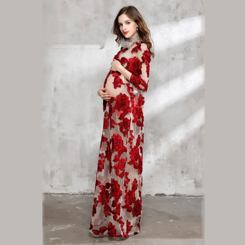 

Fashion Summer Maternity Dresses For Photography Props Turtleneck Maxi Lace Casual Long Dress With Floral for photo shoot