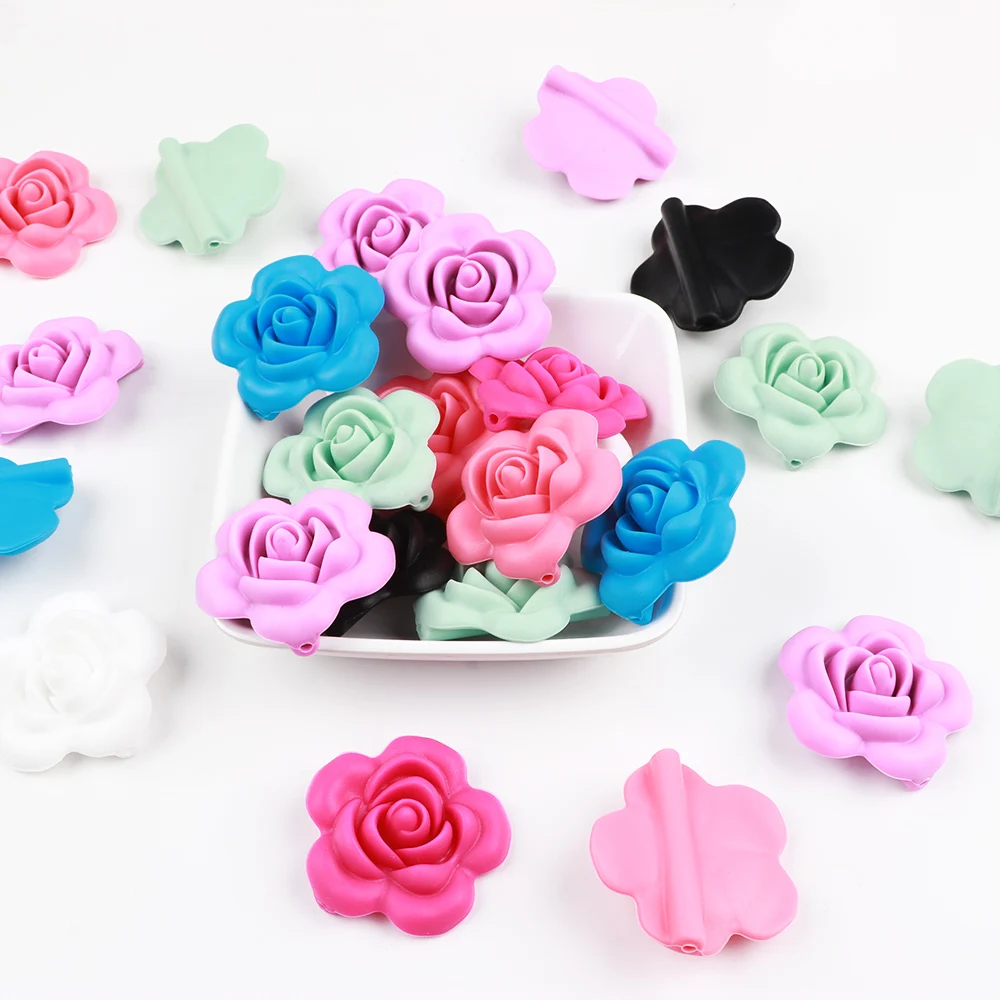 BOBO.BOX 10pcs Rose Silicone Beads Baby Teether Accessories Silicone Teething Beads Flower For Baby Teething Necklace Making