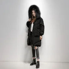 Женское белое пуховое пальто, модная Длинная Верхняя одежда в полоску, плотное теплое пальто с большим мехом, куртка на молнии с капюшоном, большой размер груди