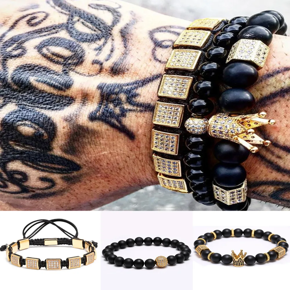2017 Men Bracelet Set New Brand Imperial Crow Charm Bracelet with Zircon Matte Square Shape Beads