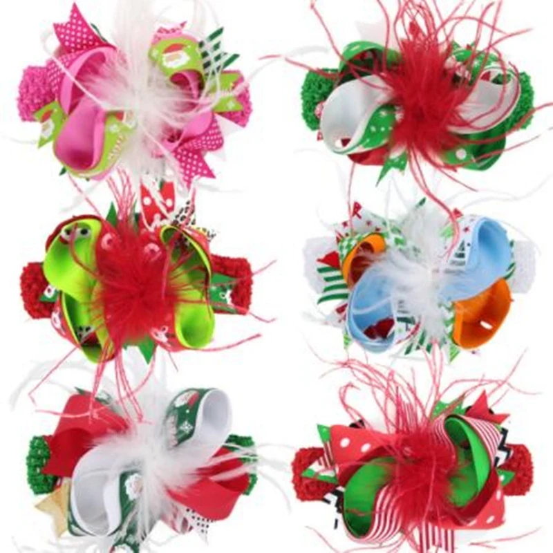 cheap 1 Pcs Kids Girl Headband Feather Bow Band Hair Accessories Baby children #039;s Christmas Multicolor Hair Strap QLY9382
