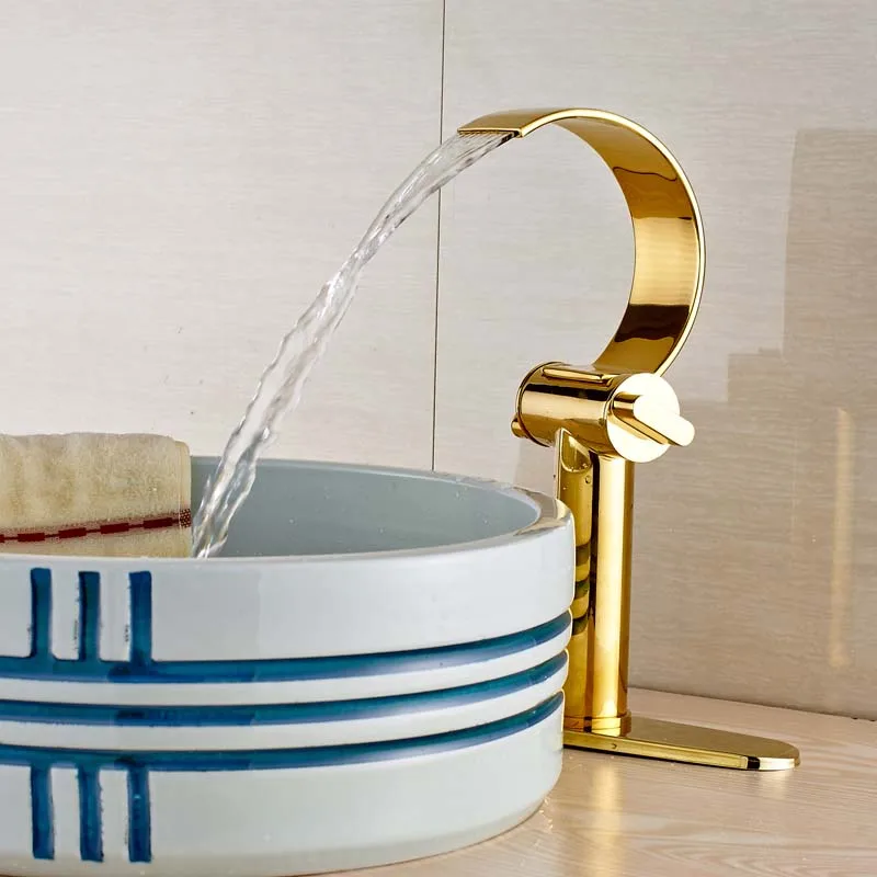 Deck Mount Gold plate Waterfall Bathroom Sink Basin Water Taps Dual Handles with Hot and Cold