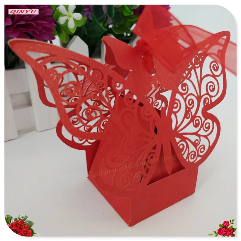 50 шт. коробка для сладостей с бабочкой коробка, вырезанная лазером коробка конфет на свадьбу подарок упаковка для шоколада картона Свадебные украшения 5Z SH112 - Цвет: Red