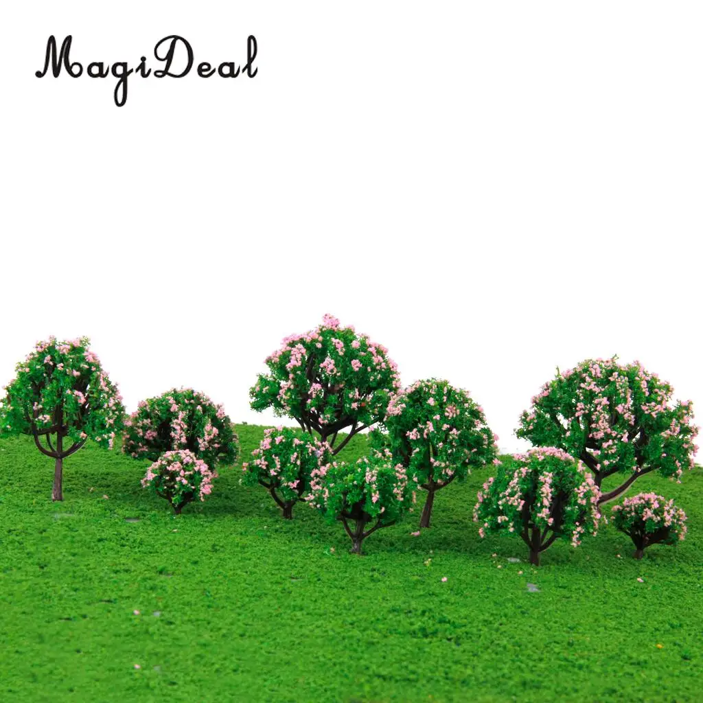MagiDeal  5Sizes 10Pcs Plastic Model Tree with Pink Flower for Railroad Railway Train Track Home Garden Building Layout Diorama