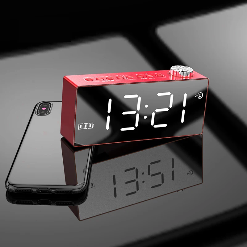 Горячая Распродажа беспроводной Bluetooth smбудильник зеркальный светодиодный с динамиками и FM радиотом современный домашний двойной будильник настольные часы - Цвет: RED