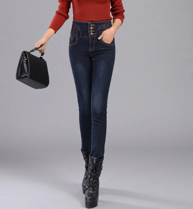 2016 winter new high waist thickening Slim plus velvet thicken four button jeans