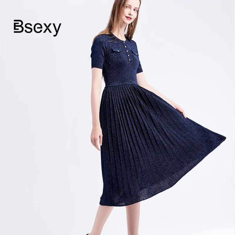 

Elegant Women Midi Dress 2019 Summer Short Sleeve Lurex Peal Buttons Long Knitted Pleated Dress Navy Blue Pink vestido de festa