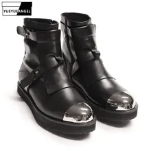 Мужские Зимние ботильоны со стальным носком на среднем каблуке; Байкерская обувь с ремешками из натуральной кожи; мужская обувь на высокой платформе