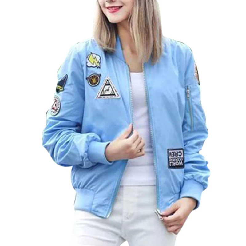 Women cute letters patch bomber jacket coat long sleeve zipper pockets