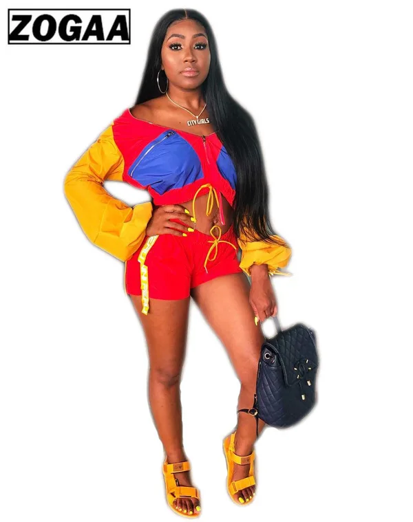 

Contrast Color Sexy 2 Piece Set Women Long Sleeve Pockets Cropped Zipper Jacket and High Waist Shorts Causal Tracksuit Women