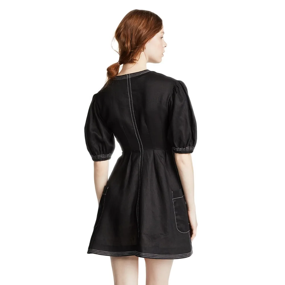HDY Haoduoyi 2018 summer simple court style puff sleeve design exaggerated irregular button open line decorative dress