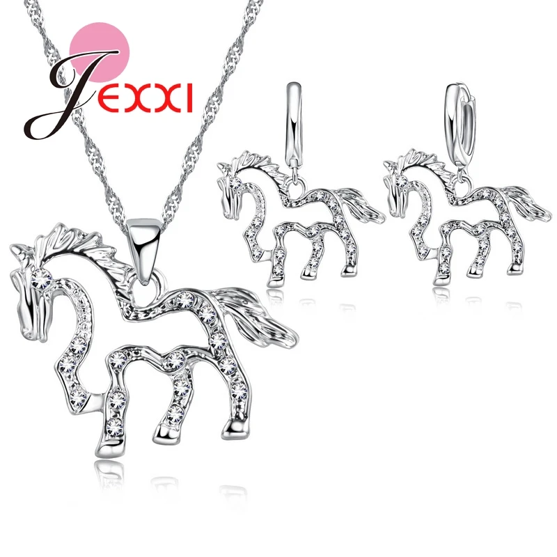 

Jemmin Drop Shipping Wholesale Rhinestone 925 Sterling Silver Bridal Jewelry Set For Women Horse Necklace Earring Set Gift