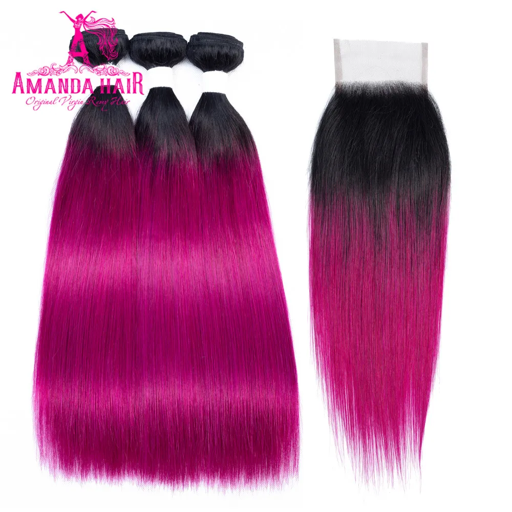 

Amanda T1b/purple Brazilian Straight Hair Bundles with Closure Remy Human Hair 3 Bundles with 4x4 Closure Free Part 150% Density
