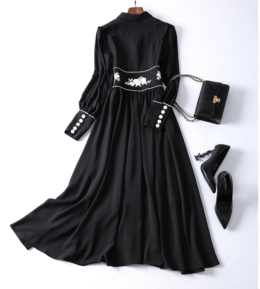 النساء خمر أسود اللباس طويلة الأكمام ألف خط الأبيض الأزهار التطريز فساتين vestido جديد 2019 الربيع