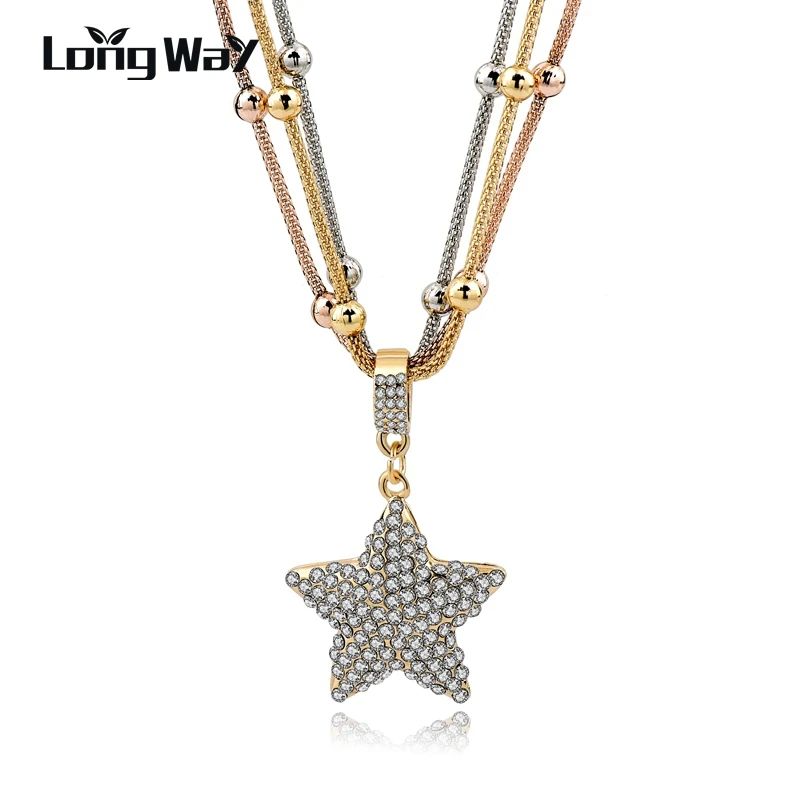 LongWay подарки, многослойный серебряный кулон в виде медведя, ожерелье s для женщин, хрустальные бусы, длинное массивное ожерелье, ювелирное изделие SNE150786 - Окраска металла: gold star