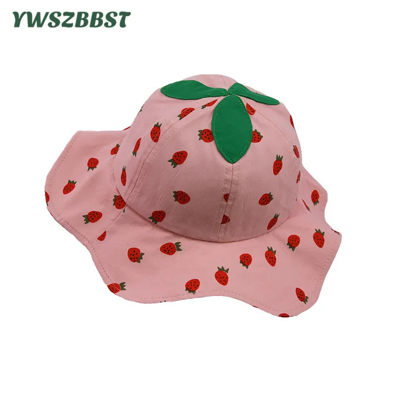 

New Spring Summer Baby Girls Hat Cotton Boys Sun Hat Strawberry Print Fisherman Hat Baby Bucket Caps Autumn Big Brim Sun Cap