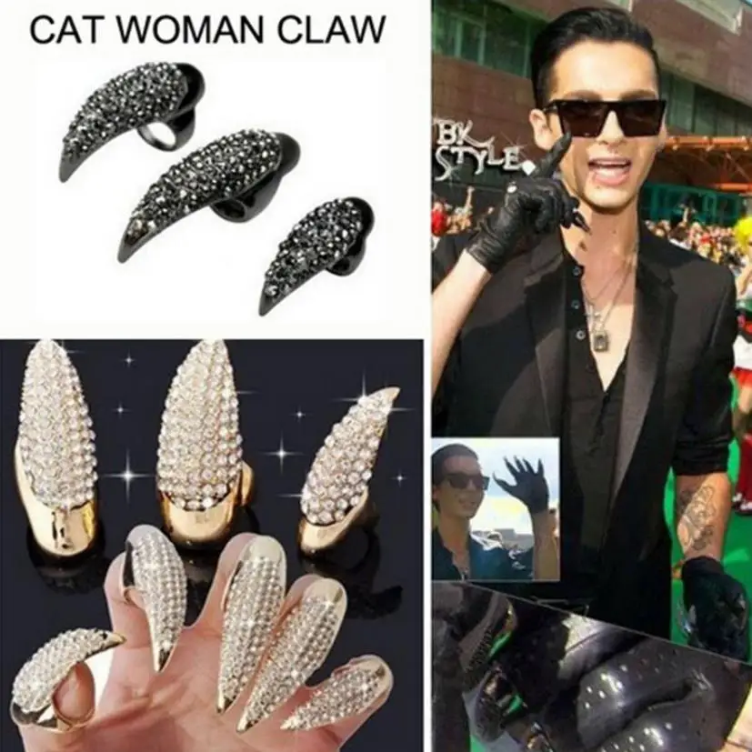 

5pcs/set DIY Jewelry Punk Crystal Rhinestone Paved Paw Bend Fingertip Cat Women Claw Finger Claw Ring Set Fake False Nails Set