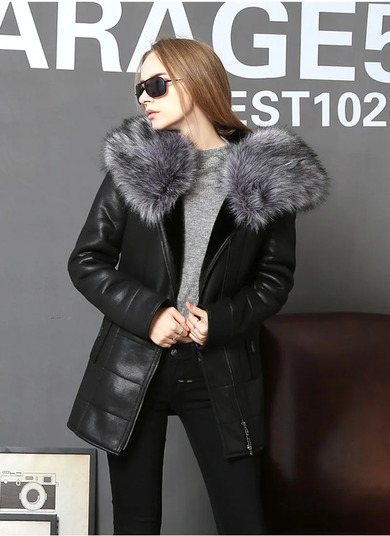Women's black leather down coat with fur collar women's winter warm fur