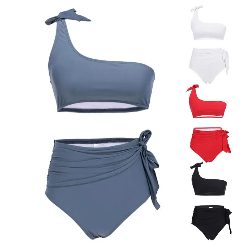 

Bikini Set Tie Knot One Shoulder Bandeau Crop Top Solid Color Swimsuit High Waist Pleated Belted Thong Bathing Suit