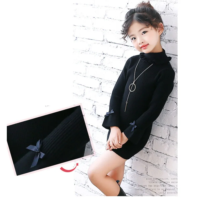 high neck knitting girls sweater dress kids clothes long sleeve knitted red black white autumn winter kids sweater knit tops  5 6 7 8 9 10 11 12 13 14 15 16 years little teenage big girls  white girls dresses  (3)