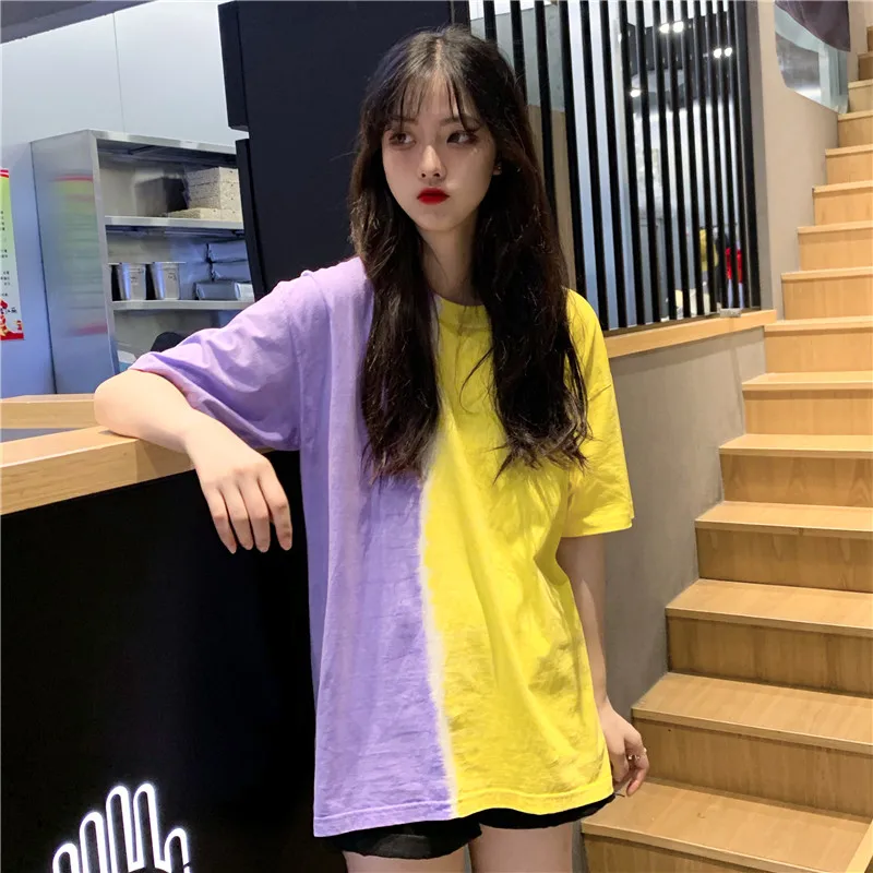 

Contrast Block Tie Dye Printed Loose Summer Hip Hop Casual Fashion Cloth TShirt Tee T-Shirt Top Harajuku Streetwear Korean Women