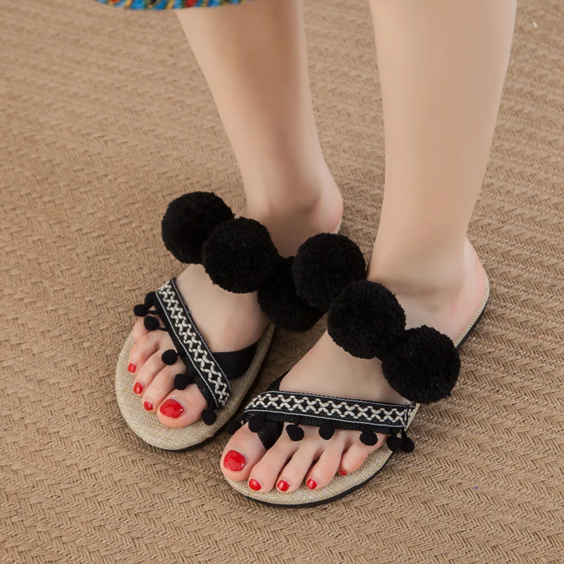 Женские сандалии с помпонами; Boho Hemp Espadrilles; пляжные шлепанцы; Летние праздничные Вьетнамки; Размеры 35-44