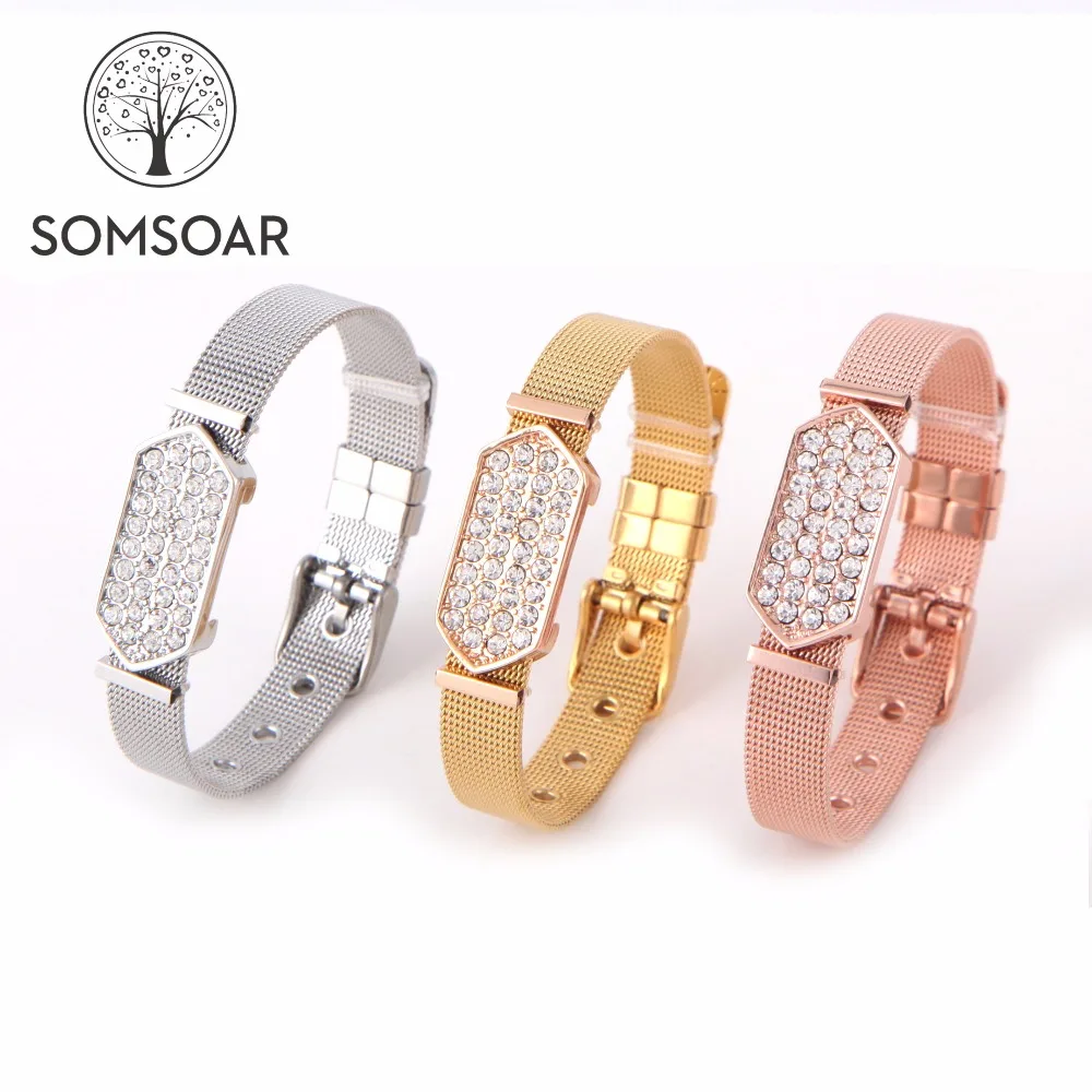 

Somsoar Jewelry Crystal Story Slide Charm Mesh Bracelet Sets with 2pcs extra free Rubber Stops for women/man as Gift