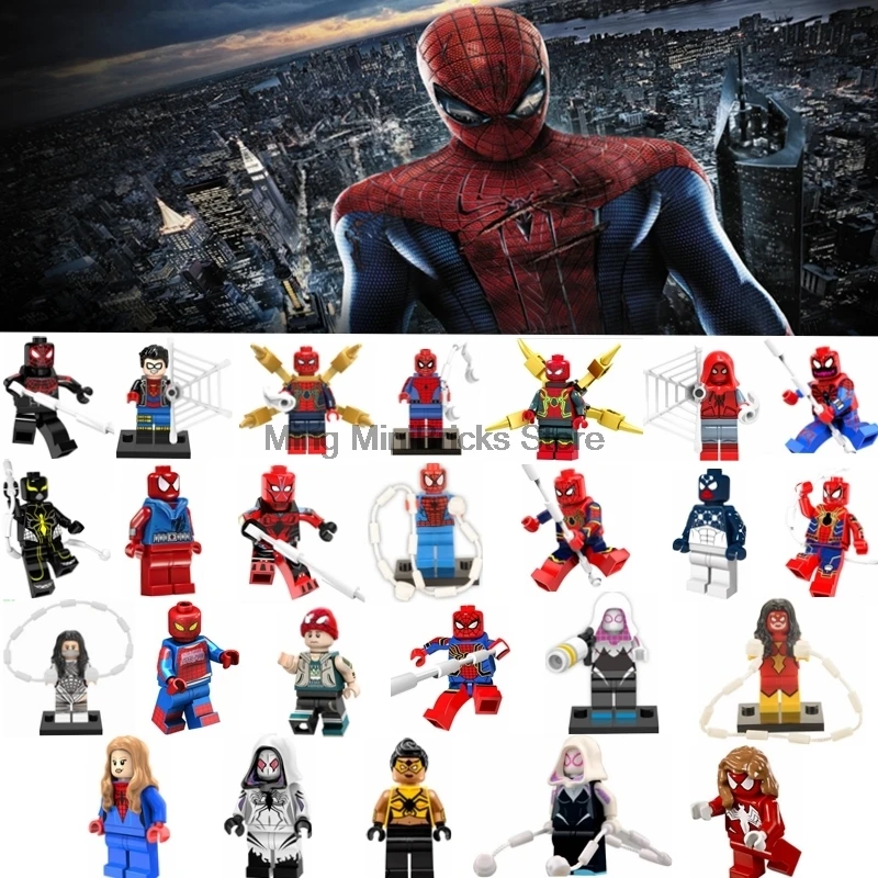 

Legoing Spiderman Building Bricks Super Heroes Iroman Silk Vulture Gwen Block Marvel Toys For Children Movie Action Figure