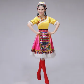 

Long Water Sleeve Chinese Folk Dance Dress Ballroom dance costume for girl With Headress