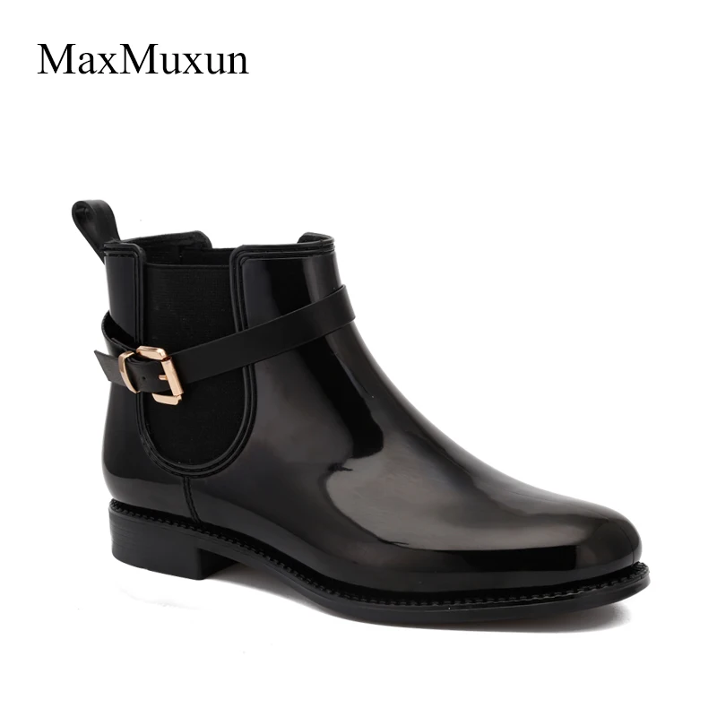

MaxMuxun Women's Ankle Rain Boots Rubber Low Heels Buckle Platform Shoes Walking Outdoor Hunting Waterproof Rainbooties