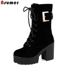 Asumer; зимние женские ботинки; обувь на платформе и толстом высоком каблуке с круглым носком; однотонные ботинки до середины икры из нубука с пряжкой; большие размеры 33-43