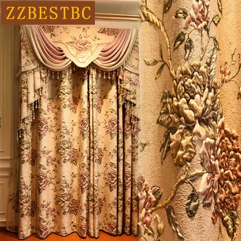 

Top luxury 3D Jacquard embossed blackout curtains for bedroom windows High quality large flower villa curtains for living room