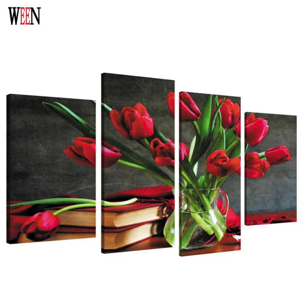 

HD Printed Framed 4PC Flower Canvas Art Wall Pictures For Living Room Large Modern Poster Directly Handed Arts 2017 Hot Gift