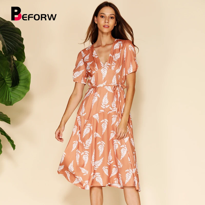 

BEFORW 2019 New Tropical Leaves Print Women Dress Short Sleeve V Neck Sashes Casual Summer Midi Dresses Ladies Beach Dress