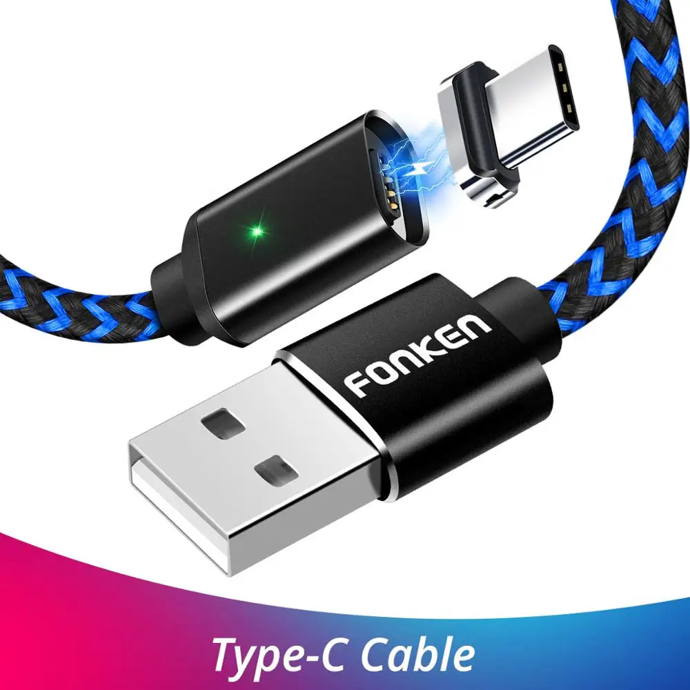 Магнитный кабель FONKEN usb type-C, 2 м, 2,4 А, магнитные usb-кабели для телефонов, быстрое зарядное устройство, USB type-C, зарядный провод, светодиодный шнур для зарядки мобильных телефонов - Цвет: Black Type C Cable